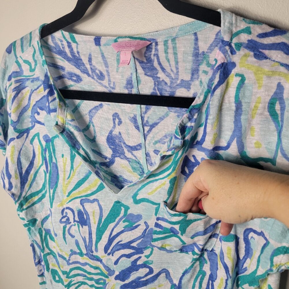 Lilly Pulitzer Duval Linen T Shirt Dress Blue Green Tropical Print Size L Preppy - Picture 4 of 11